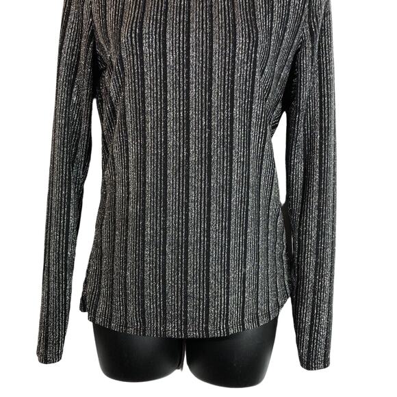 Guess Silver Striped Mockneck Top Small Disco Metallic Shimmer Long sleeve Black - Picture 3 of 8